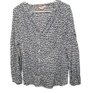 Boden Women Blue Split Neck Floral Pattern Cotton Linen Blend Blouse Top Size 6